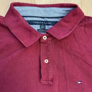Tommy Hilfiger Flag Polo Shirt Burgundy Red Custom‎ Fit XL Short Sleeve Dad Golf